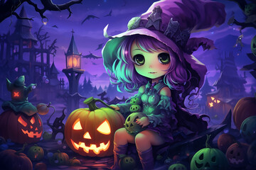 cute kawaii chibi witch with halloween pumpkins, cartoon picture, generative AI