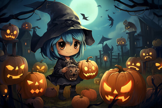 cute kawaii chibi witch with halloween pumpkins, cartoon picture, generative AI
