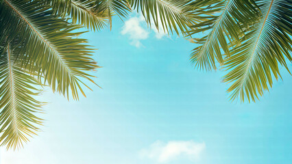 Palm leaves against the blue sky. Generation AI