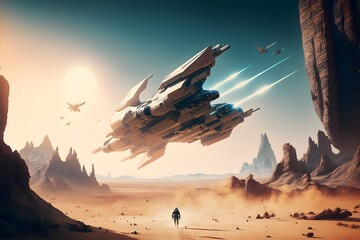 An advanced minimalistic spaceship having a dogfight against an entire fleet in a desert planet shooting lasers and missiles receiving enemy shots flying between two Zhangjiajie mountain spires  - obrazy, fototapety, plakaty