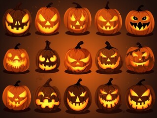 Collection of Halloween pumpkins carved faces silhouettes. Black isolated halloween