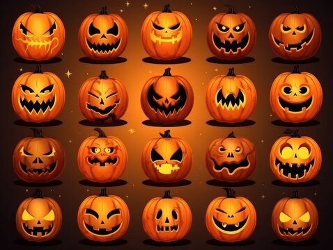 Collection of Halloween pumpkins carved faces silhouettes. Black isolated halloween