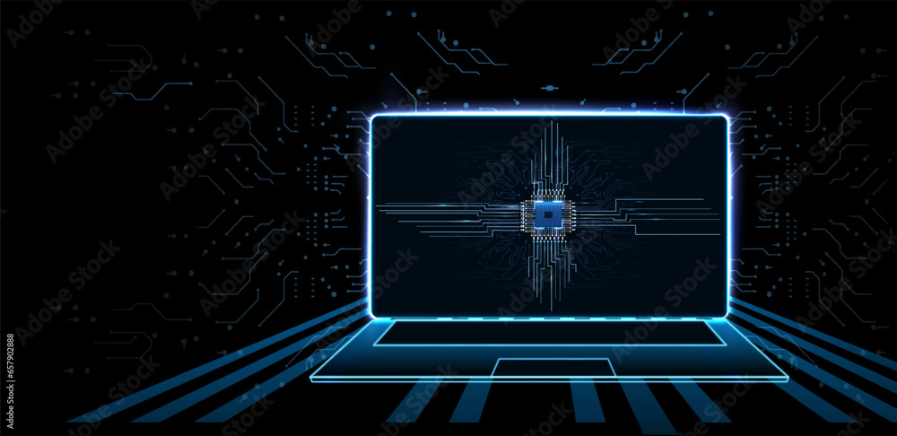 Poster portable neon computer with a blank screen and a desk in a dark room with blue lighting. vector illu