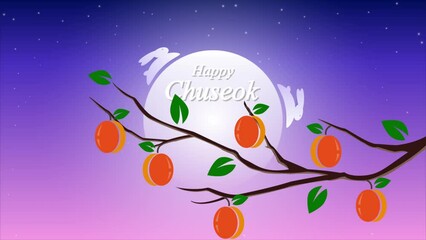 Chuseok persimmon branch moon rabbit Korean Mid Autumn Festival, art video illustration.