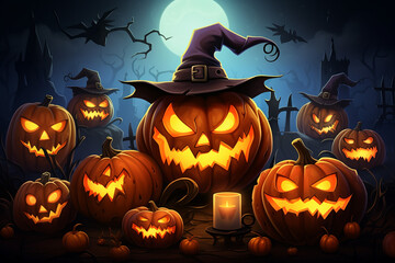 halloween illustration with big moon and halloween pumpkins, generative AI