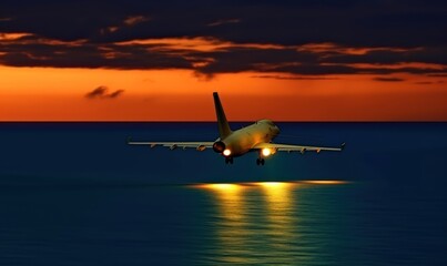 Fototapeta na wymiar Night Flight. Jet Aircraft Over The Sea At Dusk.