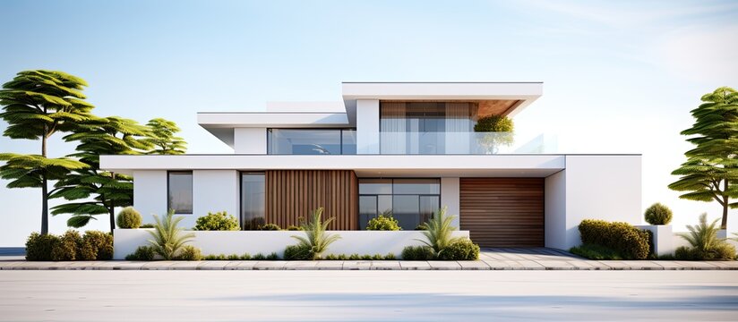 illustration of a residential building exterior for sale as a new home for a big family with a white floor empty wall background and modern design
