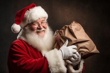 a santa claus carrying a sack of gifts, looking happy, on a one-color background, generative ai