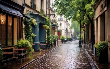 French style alley in Paris with plant-filled facades and wet stone road in the rain. Generative AI - obrazy, fototapety, plakaty