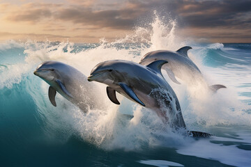 A group of dolphins splashing and playing in the waves
