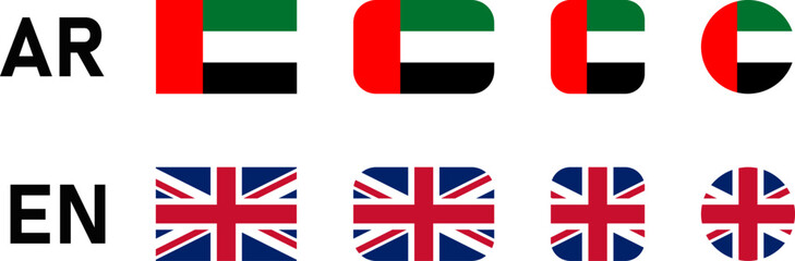 UAE United Arab Emirates and UK United Kingdom Flag Set with Rectangle and Square with Rounded Corners and Round Circle Flag Icon Set. Vector Image.