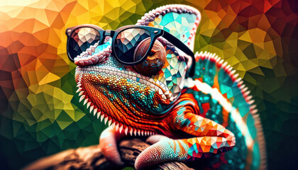Photograph with the abstract chameleon, faceted look of digital art. The chameleon wears sunglasses and stands out against 