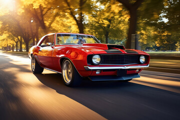 A classic muscle car revving its engine, capturing nostalgia and raw power. - obrazy, fototapety, plakaty