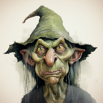 old ugly scary green witch in witch hat for halloween, generative AI