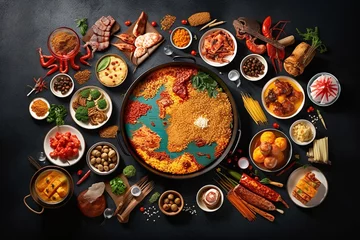 Fotobehang Diverse range of global cuisines. Top view of world map made of food ingredients and vegetables. © vachom