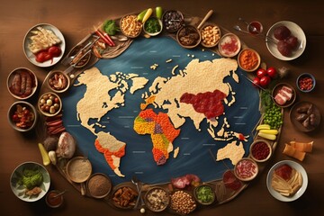 Obraz na płótnie Canvas World map made of different spices and herbs on dark background, top view. Diverse range of global cuisines.