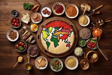 Fototapeta na wymiar World map made of different spices and herbs on dark background, top view. Diverse range of global cuisines.
