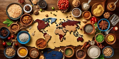 Poster World map made of different spices and herbs on dark background, top view. Diverse range of global cuisines. © vachom