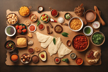 Fototapeta na wymiar Diverse range of global cuisines. Top view of food ingredients and vegetables