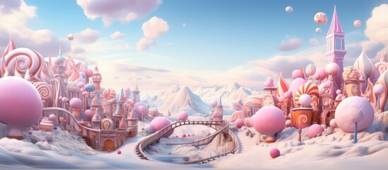 Winter wonderland depicted in a with colorful cartoon amusement park and candy land augmented by dazzling starburst effects - obrazy, fototapety, plakaty