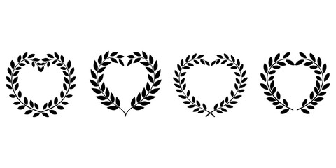 Achievement symbolized by a set of black silhouette heart-shaped laurel, foliate, wheat and oak wreaths. Includes a Greek floral branch emblem in flat style for nobility and heraldry