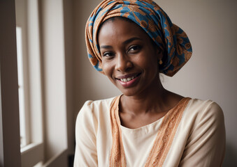 Smiling Middle-Aged African American Woman with Headscarf: Beautiful Casual Elegance at Home, Generative AI