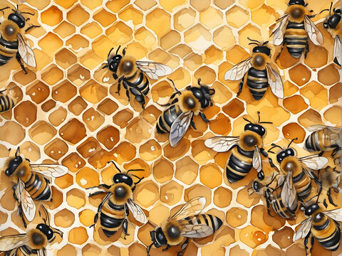 Buzzing Beauty: Vibrant Watercolor Bee Hive Illustration. generative AI