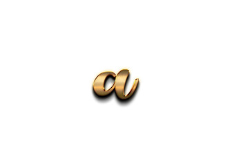 Gold 3D – letter A of the alphabet in lowercase on isolated white background.