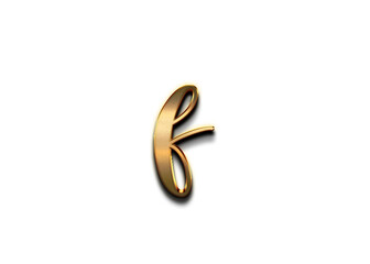 Gold 3D – letter F of the alphabet in lowercase on isolated white background.