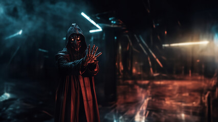 Dark Sorcerer in a Neon-Lit, Mysterious Environment