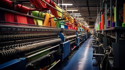 Production of multi-colored thin fabrics. AI Generation - obrazy, fototapety, plakaty