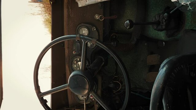 Retro russian military car, steering wheel, control panel. Vertical video