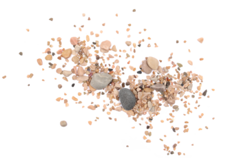 Colorful rounded sea pebbles and sand, rocks isolated on white, top view