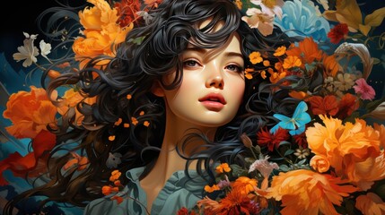A brunette girl with chic locks surrounded by delicate flowers. The aroma of wanderlust among flowers and aromas.