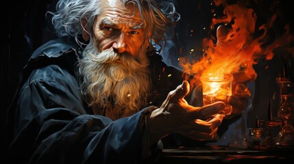 An old man with a sphere of fire in his hands. Magical greatness. - obrazy, fototapety, plakaty