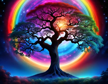 A radiant colourful tree in front of a circular rainbow!