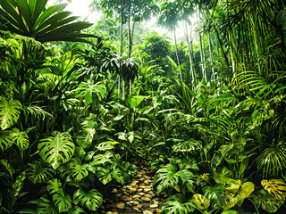 Obraz premium Jungle Majesty: Serene Green Tropical Rainforest of Southeast Asia. generative AI