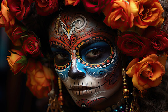 Picture of lady with sugar skull face paint and flowers hat against a sparkling backdrop at Day of the Dead. Portrait of Calavera Catrina