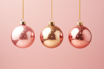gold and pink christmas ornaments hanging from string