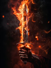 Fire sword in a male warrior's hand. AI