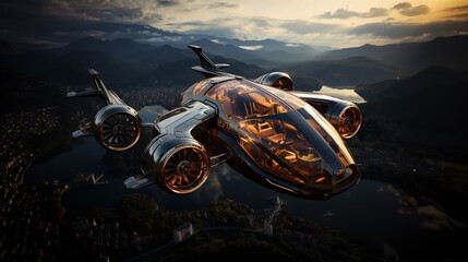 Modern futuristic air taxi. Future urban aerial transportation
