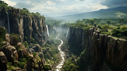 a long green river canyon with waterfalls