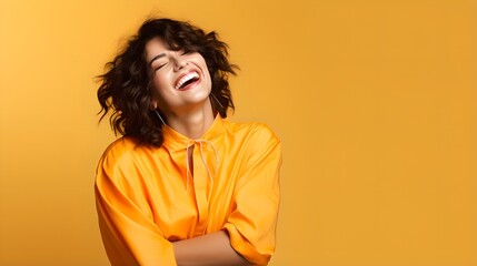 Smiling Young Woman with Curly Hair in Orange Portrait