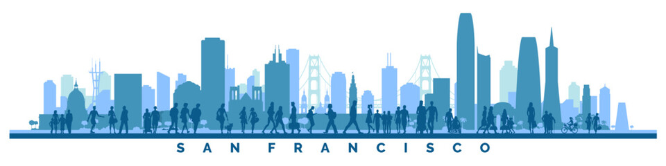 Vector illustration of San Francisco landmarks buildings and animated people silhouettes. - 657912497