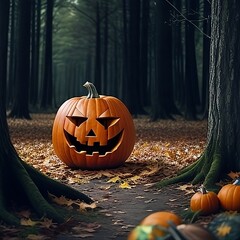 Halloween pumpkin head jack lantern on dark.