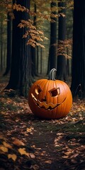 Halloween pumpkin head jack lantern on dark.