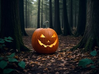 Halloween pumpkin head jack lantern on dark.