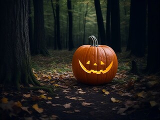 Halloween pumpkin head jack lantern on dark.
