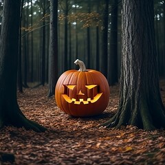 Halloween pumpkin head jack lantern on dark.