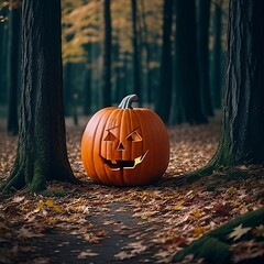 Halloween pumpkin head jack lantern on dark.
